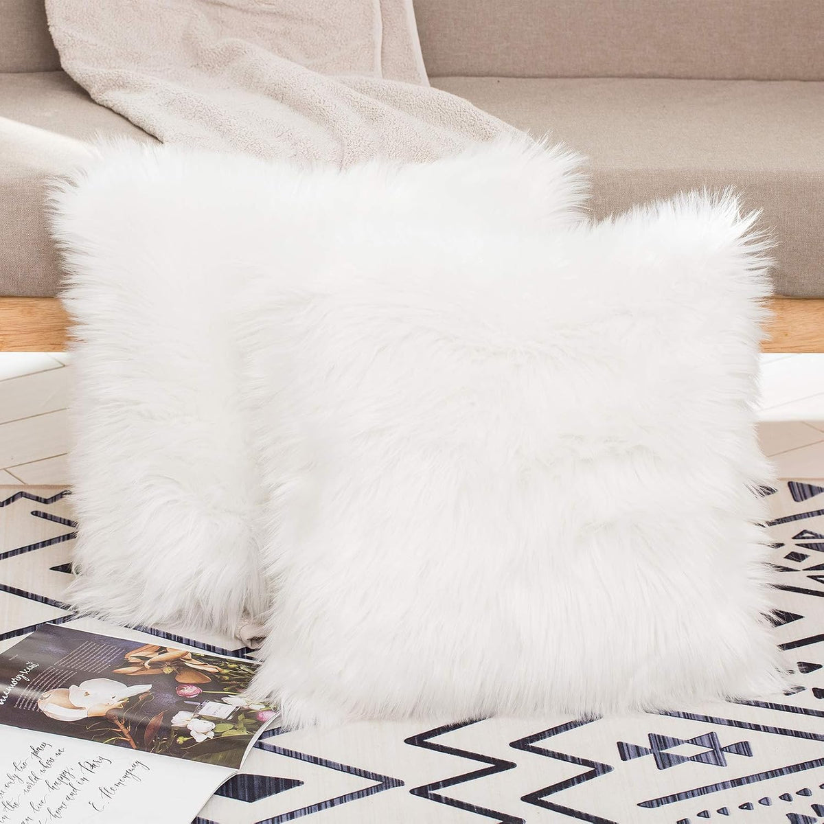 Set of 2 Decorative Faux Fur Throw Pillow Covers, White Fluffy Soft Fuzzy Square Cushion Cover Pillow Case for Sofa, Couch, Chair, Bed, Cafe, 18 X 18 Inches