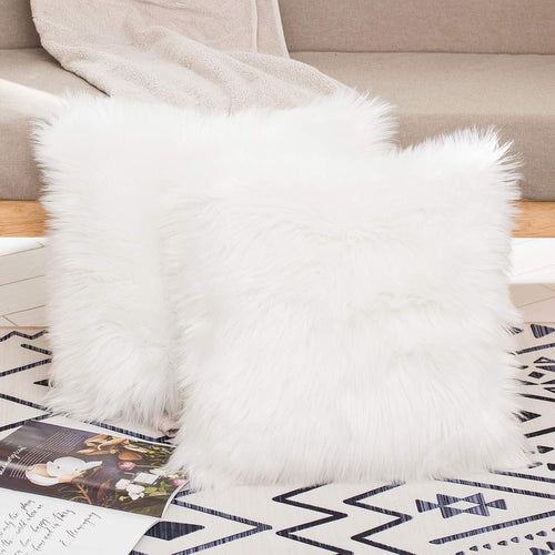 Set of 2 Decorative Faux Fur Throw Pillow Covers, White Fluffy Soft Fuzzy Square Cushion Cover Pillow Case for Sofa, Couch, Chair, Bed, Cafe, 18 X 18 Inches
